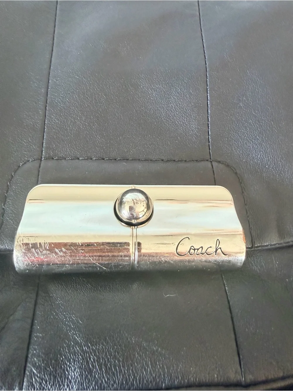 Coach Black Leather Shoulder Bag with Silver Turn-Lock